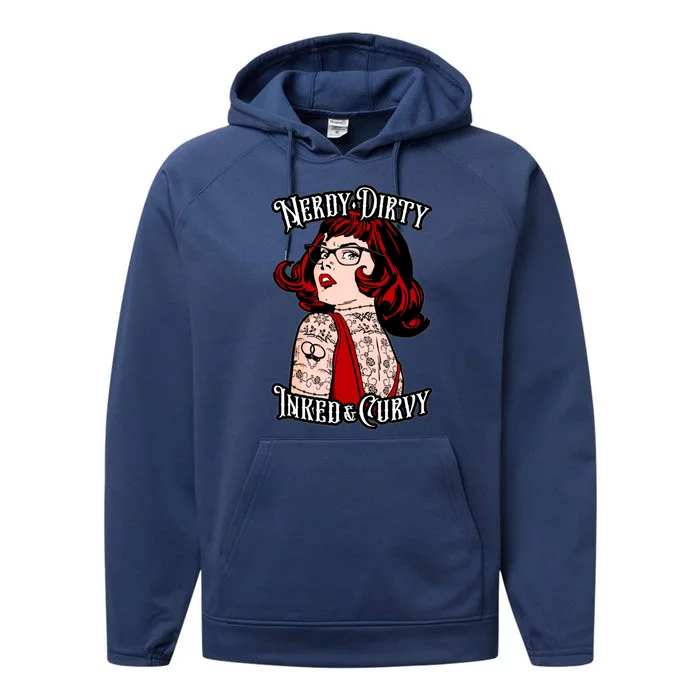 Nerdy Dirty Inked And Curvy Book Lover Tattoo Pop Art Funny Gift Performance Fleece Hoodie