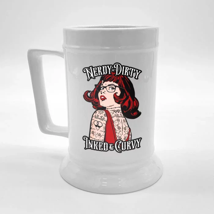 Nerdy Dirty Inked And Curvy Book Lover Tattoo Pop Art Funny Gift Front & Back Beer Stein