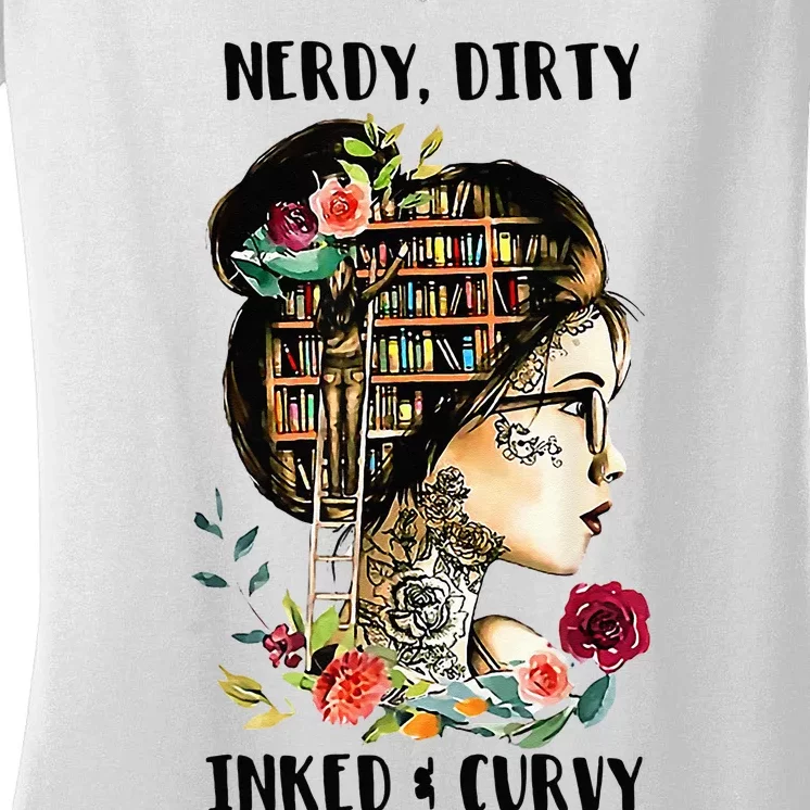 Nerdy Dirty Inked Curvy Girl Tattoo Reading Lover Women's V-Neck T-Shirt