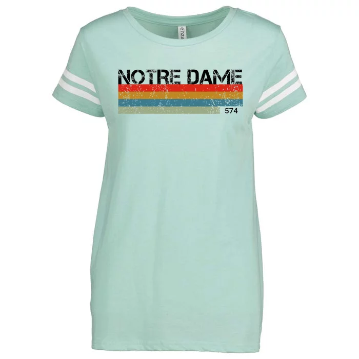 N.O.T.R.E D.A.M.E Indiana Area Code 574 Retro Stripes Enza Ladies Jersey Football T-Shirt