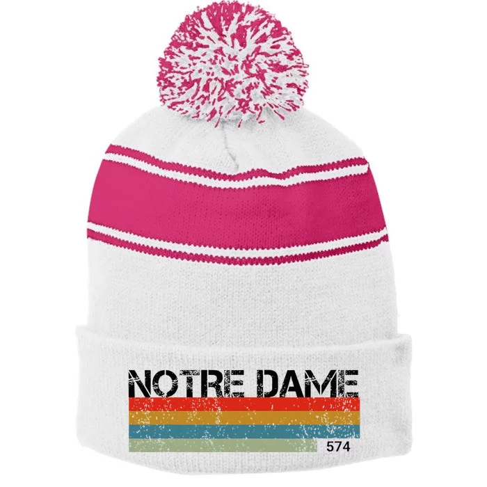 N.O.T.R.E D.A.M.E Indiana Area Code 574 Retro Stripes Stripe Pom Pom Beanie