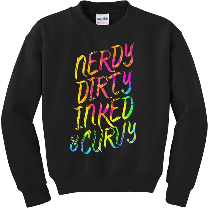 Nerdy Dirty Inked & Curvy Tattoo Woman Nerd Kids Sweatshirt