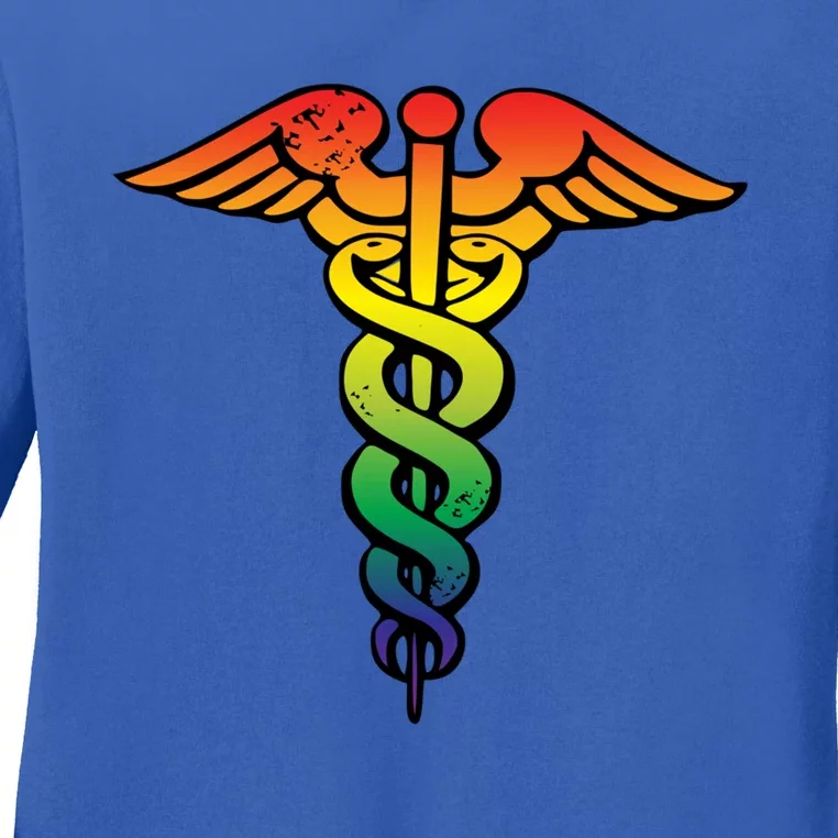 Nurses Doctors Lgbtq Rainbow Caduceus Symbol Cute Gift Ladies Long Sleeve Shirt