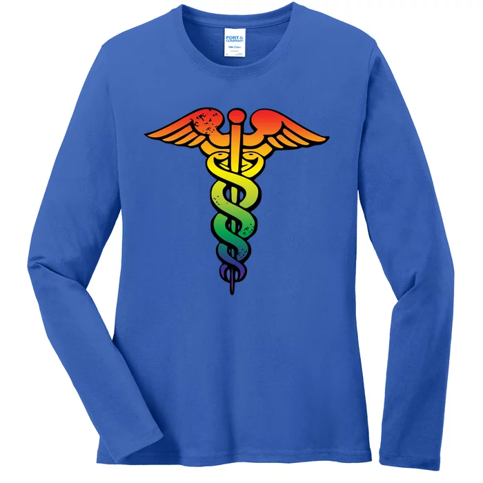 Nurses Doctors Lgbtq Rainbow Caduceus Symbol Cute Gift Ladies Long Sleeve Shirt