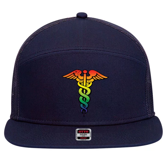 Nurses Doctors Lgbtq Rainbow Caduceus Symbol Cute Gift 7 Panel Mesh Trucker Snapback Hat