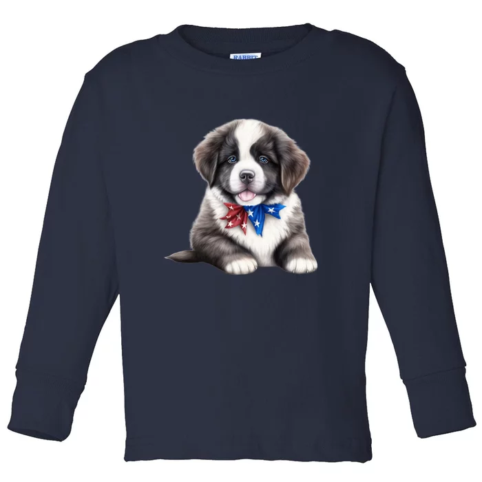 Newfoundland Dog Newfie Puppy USA Flag American Dogs 4th Of July Toddler Long Sleeve Shirt