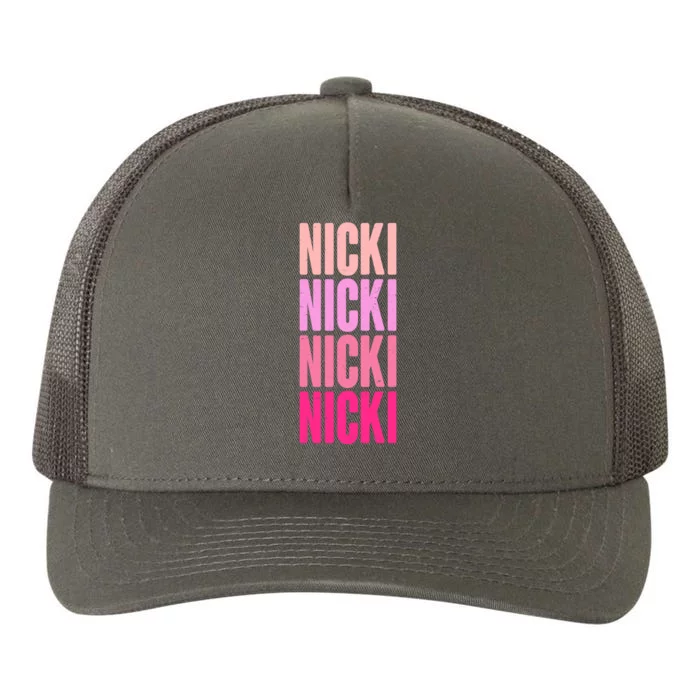 Nicki Distressed Pink Design Yupoong Adult 5-Panel Trucker Hat