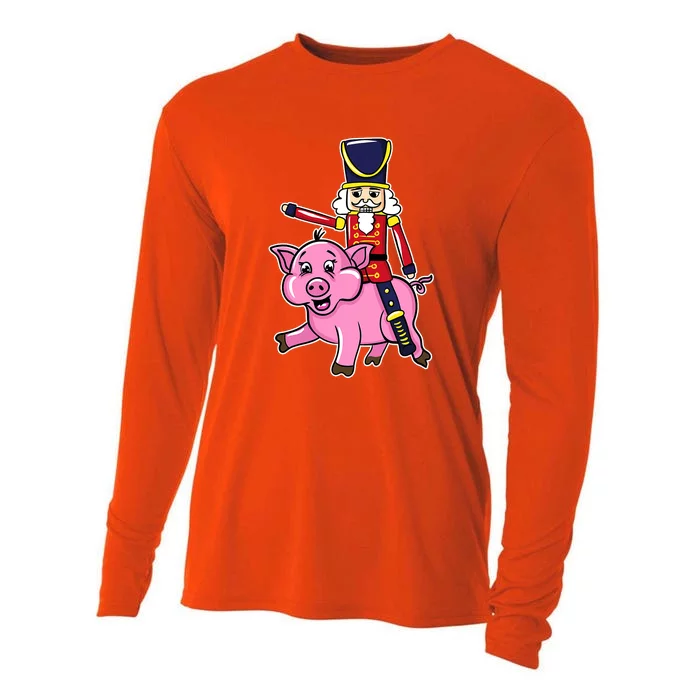 Nutcracker Doll Riding Pig Lover Funny Christmas Cooling Performance Long Sleeve Crew