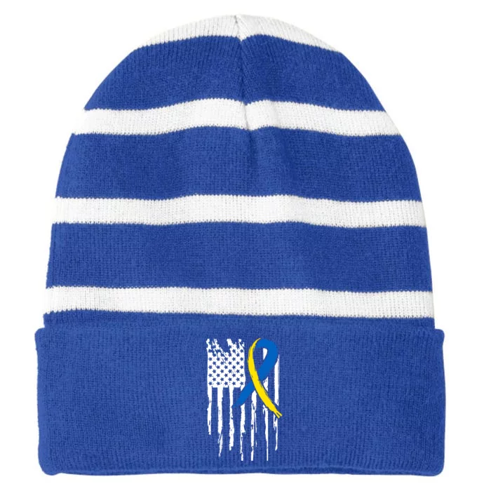 National Down Syndrome Awareness Month American Flag T21 Gift Striped Beanie with Solid Band