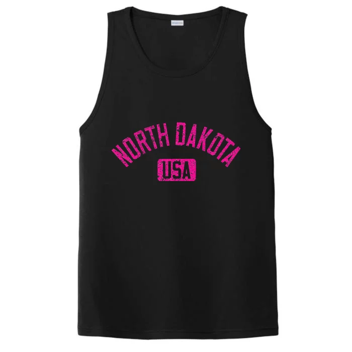 North Dakota Usa Arched Text Distressed Magenta Print Performance Tank