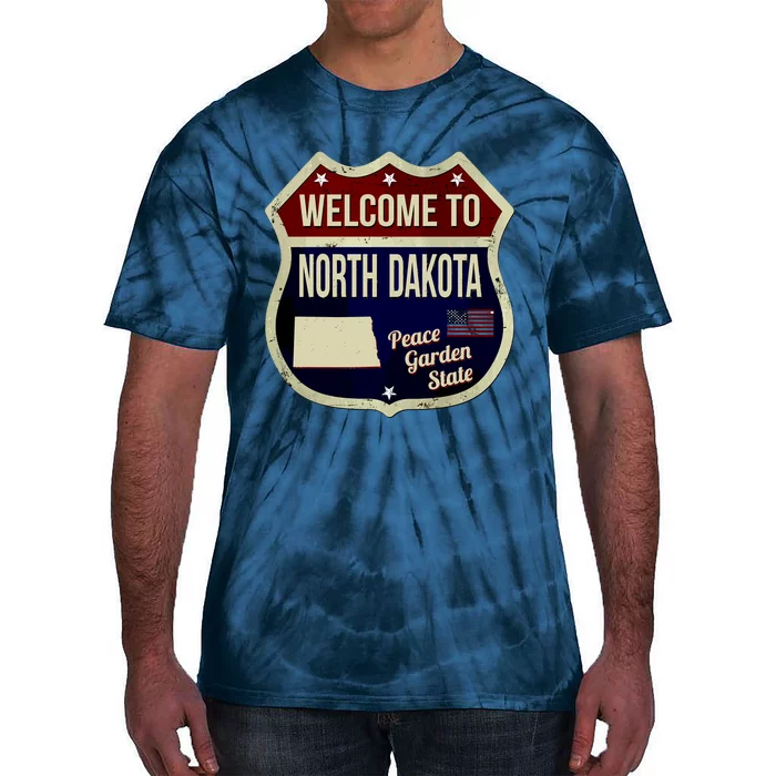 North Dakota Vintage Metal Road Sign Logo Tie-Dye T-Shirt