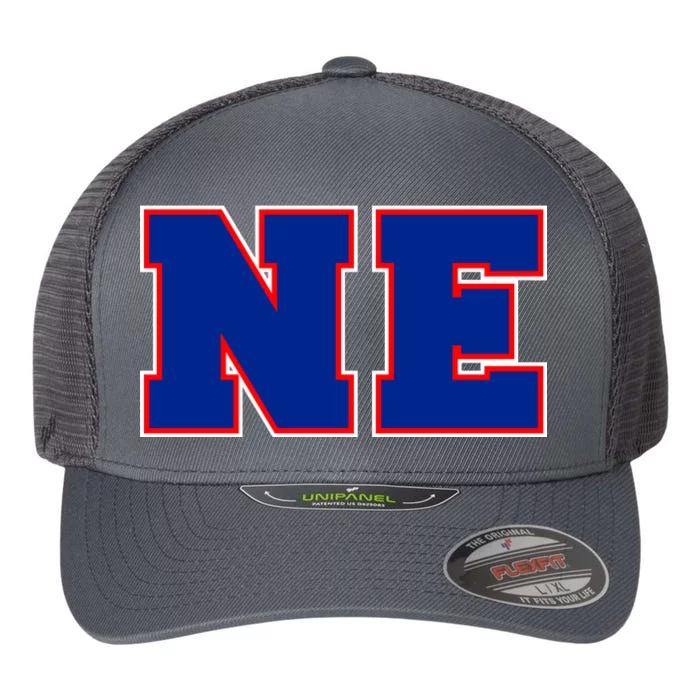 NE New England Massachusetts College Letters Football Fan Block Letters Flexfit Unipanel Trucker Cap