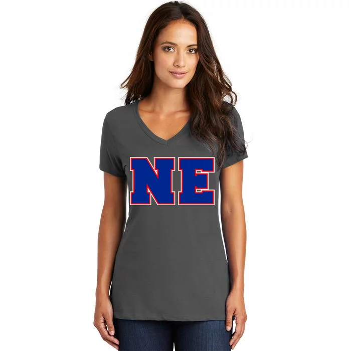 NE New England Massachusetts College Letters Football Fan Block Letters Women's V-Neck T-Shirt