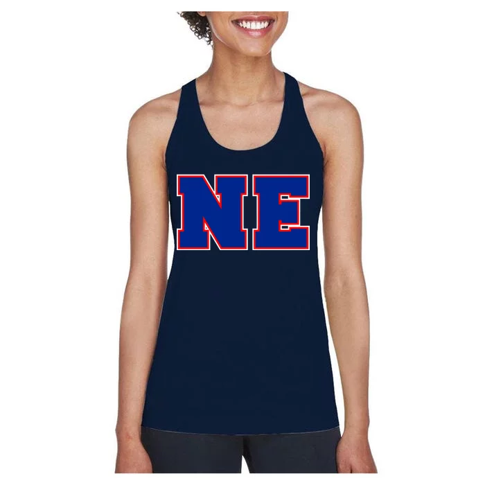 NE New England Massachusetts College Letters Football Fan Block Letters Women's Racerback Tank