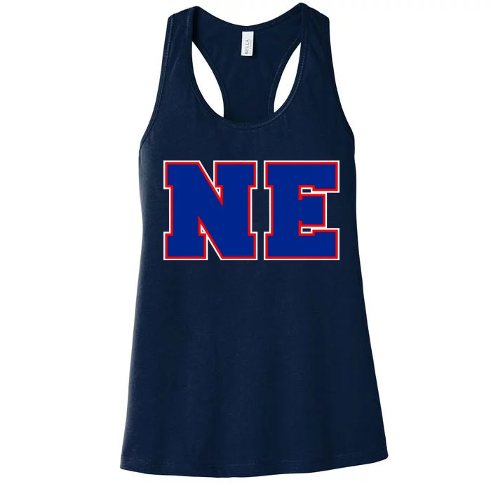 NE New England Massachusetts College Letters Football Fan Block Letters Women's Racerback Tank