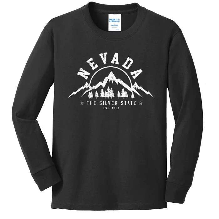 Nevada Est. 1864 Vintage Mountains Nature Outdoor Gift Kids Long Sleeve Shirt