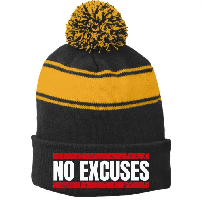 No Excuses Inspirational Saying Motivational Gym Workout Stripe Pom Pom Beanie