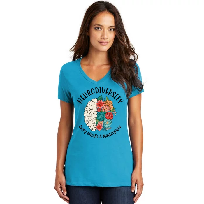 Neurodiversity Every Minds A Masterpiece Brain Floral Women's V-Neck T-Shirt