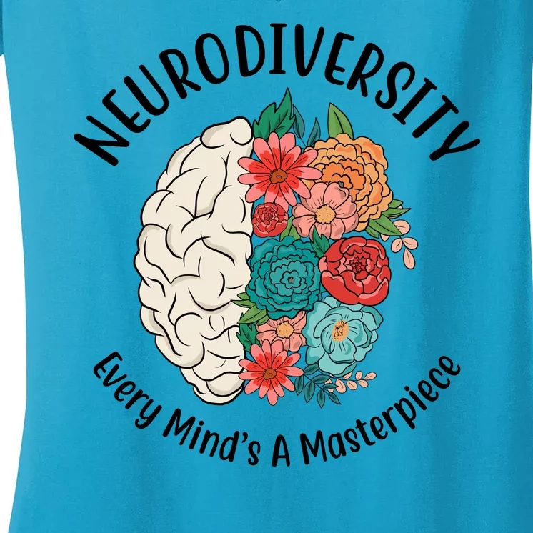 Neurodiversity Every Minds A Masterpiece Brain Floral Women's V-Neck T-Shirt