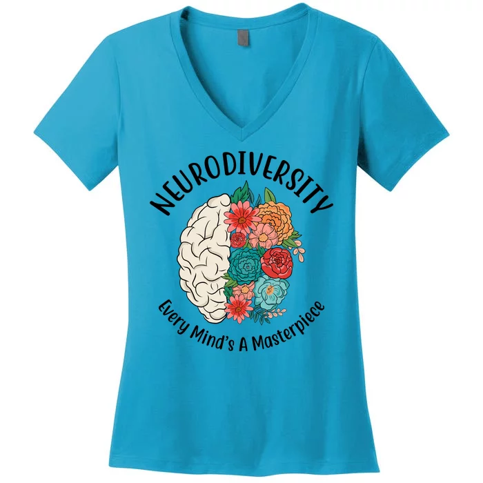 Neurodiversity Every Minds A Masterpiece Brain Floral Women's V-Neck T-Shirt