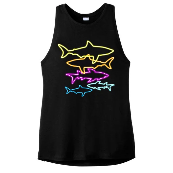 Neon Colorful Sharks Ladies Tri-Blend Wicking Tank