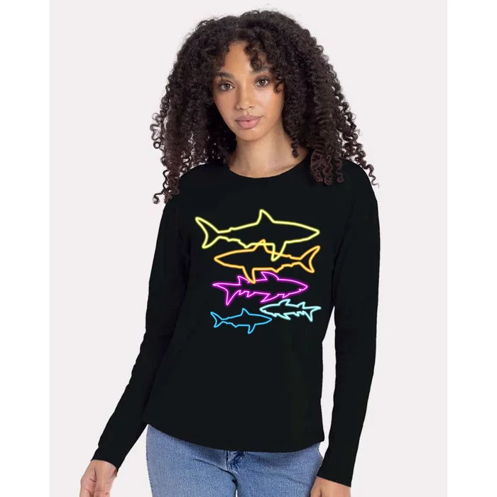 Neon Colorful Sharks Womens Cotton Relaxed Long Sleeve T-Shirt