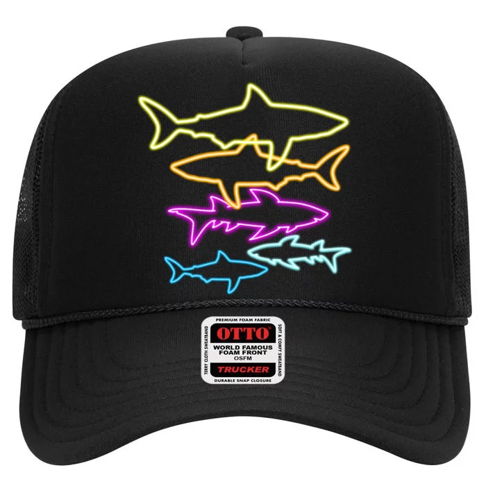 Neon Colorful Sharks High Crown Mesh Trucker Hat