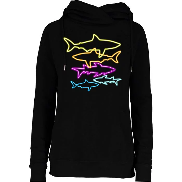 Neon Colorful Sharks Womens Funnel Neck Pullover Hood