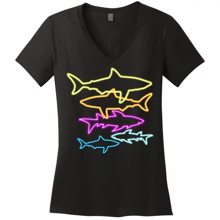 Neon Colorful Sharks Women's V-Neck T-Shirt