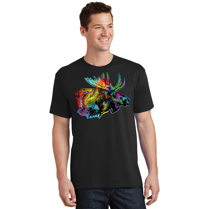 Neon Moose Colorful Animal Portrait T-Shirt