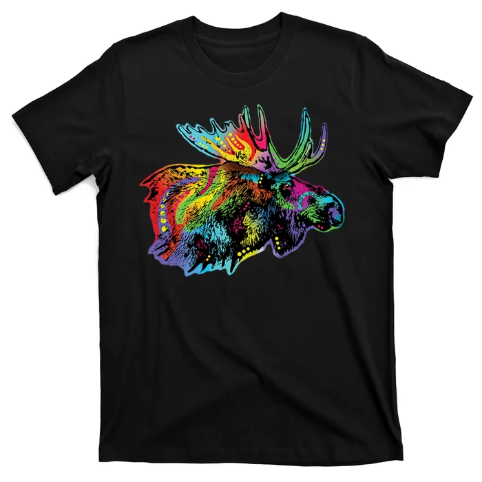 Neon Moose Colorful Animal Portrait T-Shirt