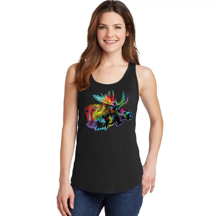 Neon Moose Colorful Animal Portrait Ladies Essential Tank