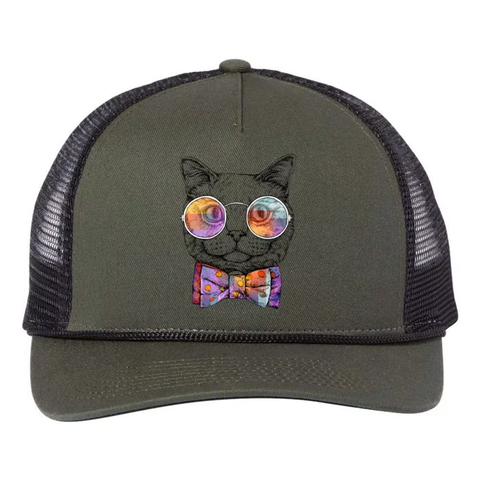 Nerd Cat With Glasses and Bow Tie Retro Rope Trucker Hat Cap