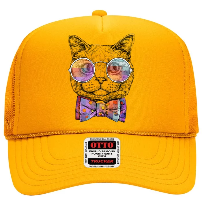 Nerd Cat With Glasses and Bow Tie High Crown Mesh Trucker Hat