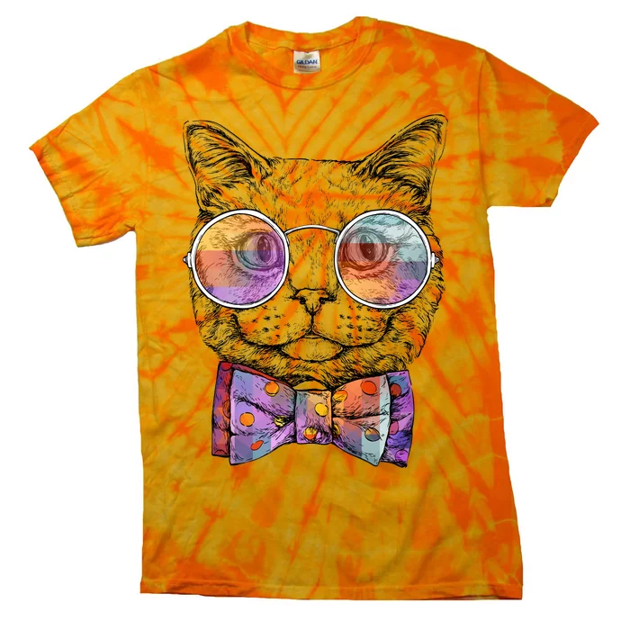 Nerd Cat With Glasses and Bow Tie Tie-Dye T-Shirt