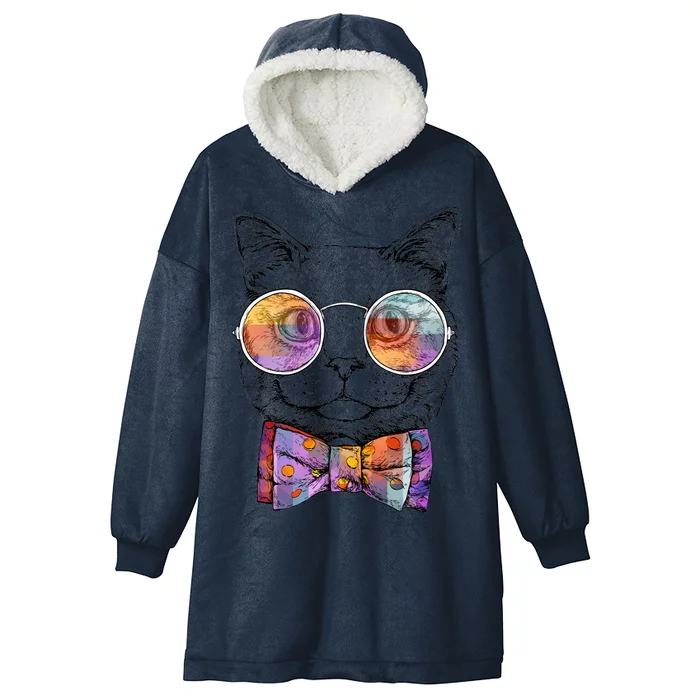 Nerd Cat With Glasses and Bow Tie Hooded Wearable Blanket