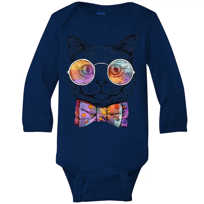 Nerd Cat With Glasses and Bow Tie Baby Long Sleeve Bodysuit