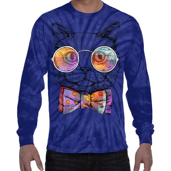 Nerd Cat With Glasses and Bow Tie Tie-Dye Long Sleeve Shirt