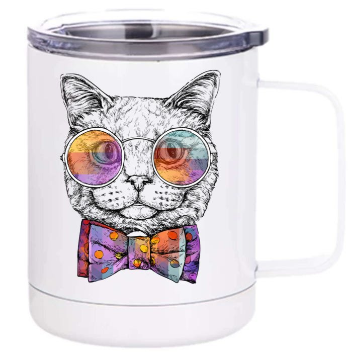 Nerd Cat With Glasses and Bow Tie Front & Back 12oz Stainless Steel Tumbler Cup