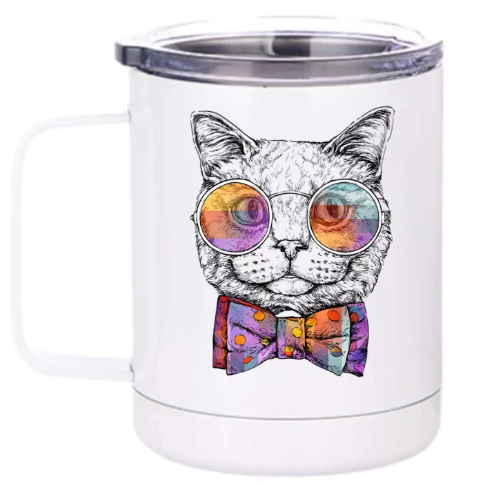 Nerd Cat With Glasses and Bow Tie Front & Back 12oz Stainless Steel Tumbler Cup