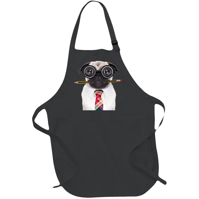 Nerdy Pug Dog With Glasses Full-Length Apron With Pocket