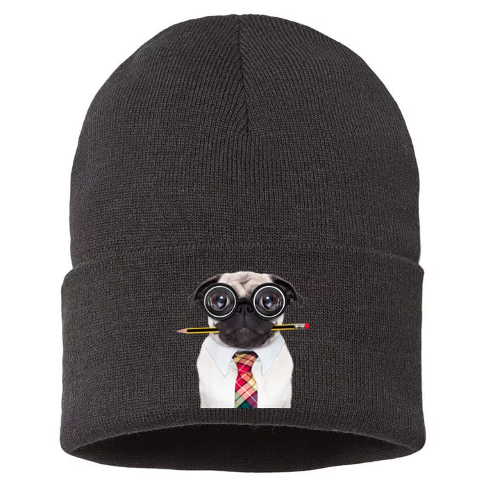 Nerdy Pug Dog With Glasses Sustainable Knit Beanie