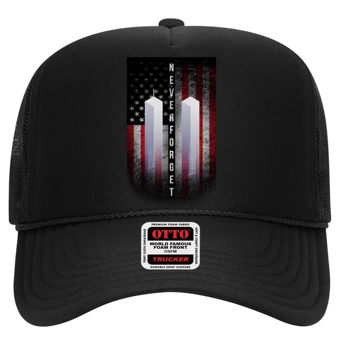 Never forget 9-11 Twin Towers American Flag High Crown Mesh Trucker Hat