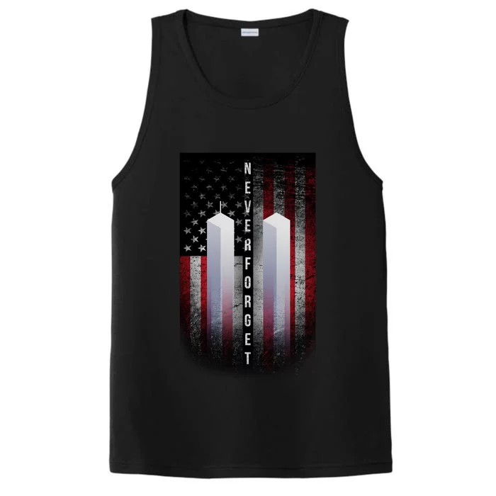 Never forget 9-11 Twin Towers American Flag Performance Tank