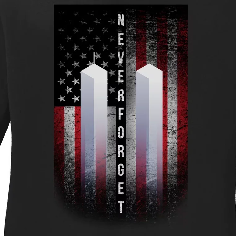 Never forget 9-11 Twin Towers American Flag Ladies Long Sleeve Shirt