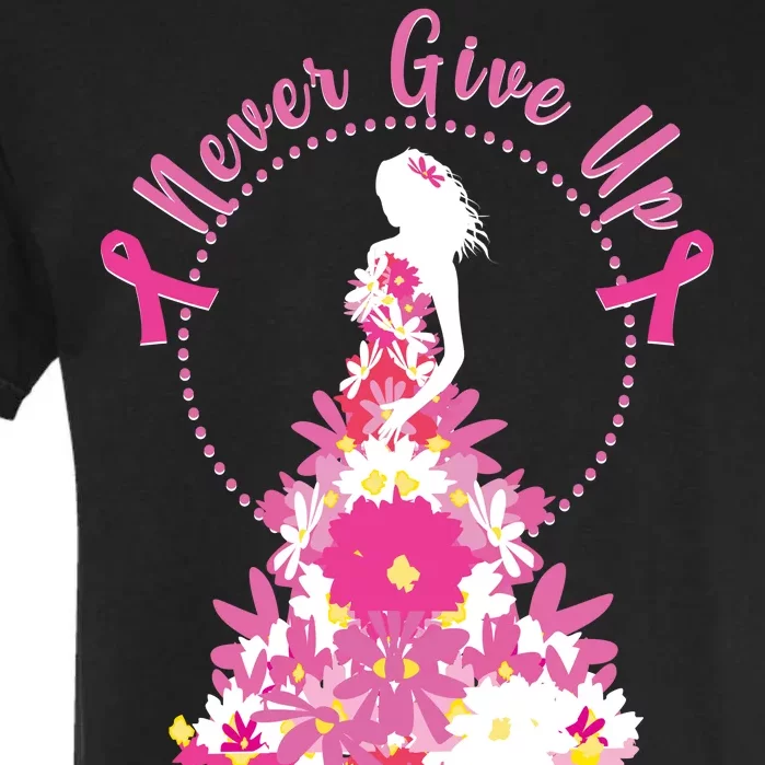 Never Give Up Breast Cancer Awareness Floral Garment-Dyed Heavyweight T-Shirt