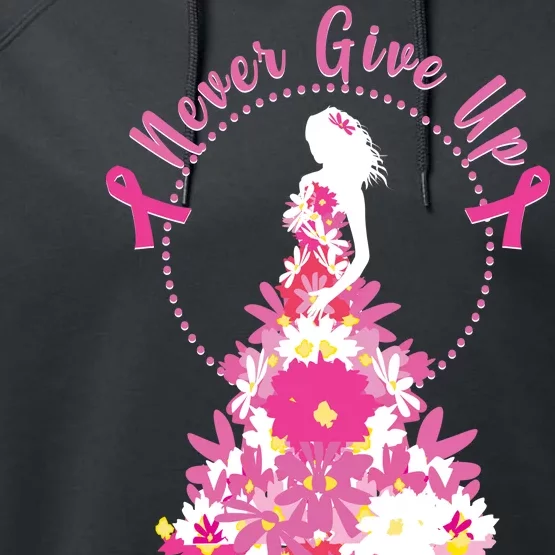 Never Give Up Breast Cancer Awareness Floral Performance Fleece Hoodie