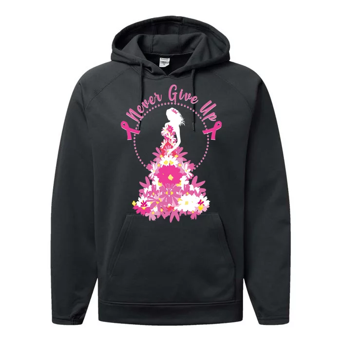 Never Give Up Breast Cancer Awareness Floral Performance Fleece Hoodie