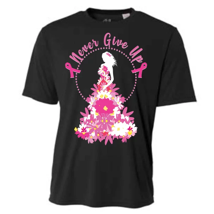 Never Give Up Breast Cancer Awareness Floral Cooling Performance Crew T-Shirt