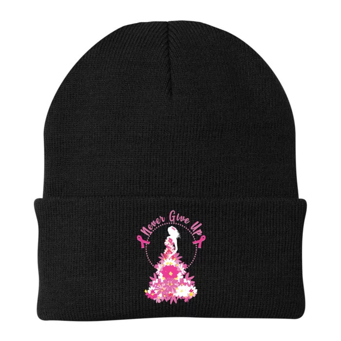 Never Give Up Breast Cancer Awareness Floral Knit Cap Winter Beanie